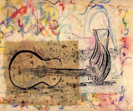 Vessel and Guitar
Handmade paper (by artist), Paper, Ink,
Watercolor - 8"x10"